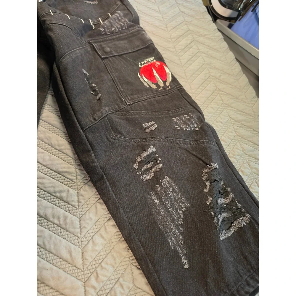 Sora Cruel Fate Distressed Cargo Pants Black Denim Heart Embroidery Mens Large